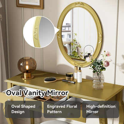 Gold Luxury Oval Mirror Vanity Desk, 41.0 inch *17.5 inch  Tabletop, 3 Drawers, Decorative Console for Entryway & Bedroom