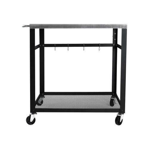 2-Tier Outdoor Grill Cart with Stainless Steel Top, Locking Wheels & Tool Hooks, Movable BBQ Prep Table with Mesh Shelf, Rolling Serving Bar Cart for Patio, Backyard, Pizza Oven Stand, Black
