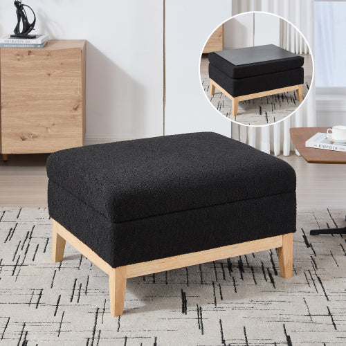 33.86 Inch Black Boucle Square Storage Ottoman, Reversible Lid Footrest with Rubberwood Legs, 300 LBS Weight Capacity