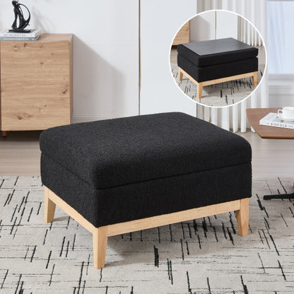 33.86 Inch Black Boucle Square Storage Ottoman, Reversible Lid Footrest with Rubberwood Legs, 300 LBS Weight Capacity