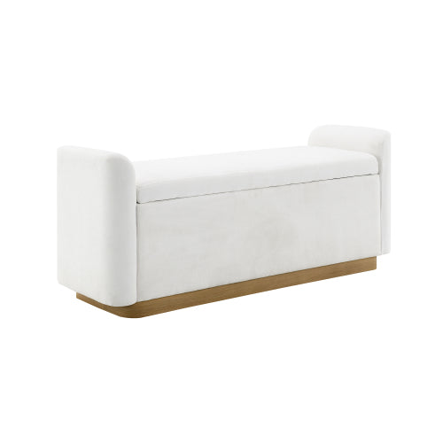 49 Inch Beige Storage Ottoman Bench, Chenille Upholstered Entry Bench with Safety Hinge, 350 LBS Capacity Wood & Gold Metal Frame