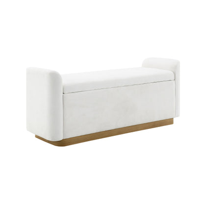 49 Inch Beige Storage Ottoman Bench, Chenille Upholstered Entry Bench with Safety Hinge, 350 LBS Capacity Wood & Gold Metal Frame