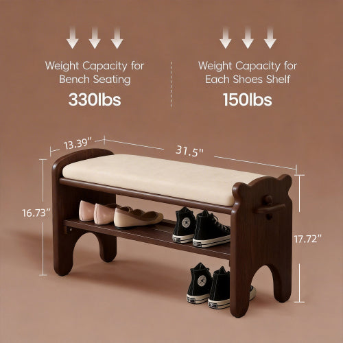 Solid Wood Shoe Bench, 2-Tier Wooden Entryway Bench, Modern Shoe Rack with Faux Leather Cushion for Hallway, Living Room (Walnut, 31.5'')