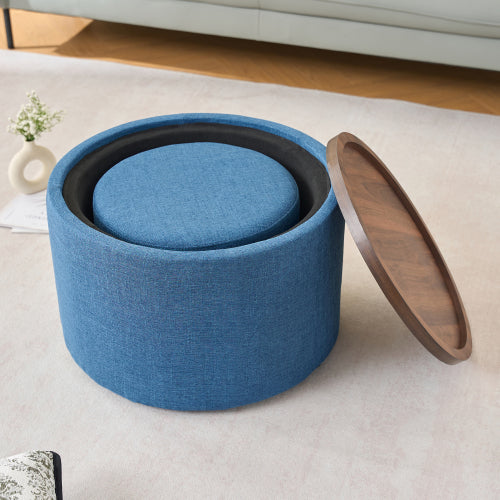 Blue 2-Piece Linen Nesting Storage Ottoman Set, Round Foot Stool with Wood Tray, Fully Assembled 396 LBS