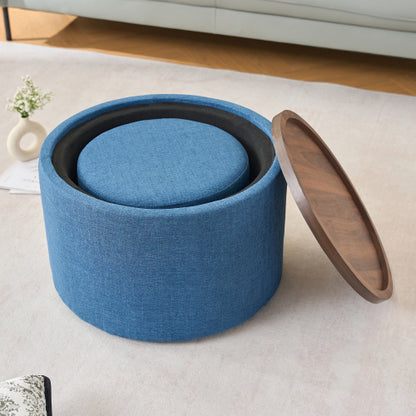 Blue 2-Piece Linen Nesting Storage Ottoman Set, Round Foot Stool with Wood Tray, Fully Assembled 396 LBS