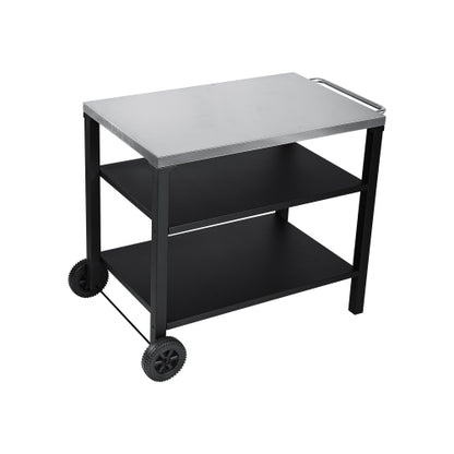 3-Tier Outdoor Grill Cart with Stainless Steel Top, Movable BBQ Prep Table with Wheels, Rolling Serving Bar Cart for Patio, Backyard, Pizza Oven Stand, Black