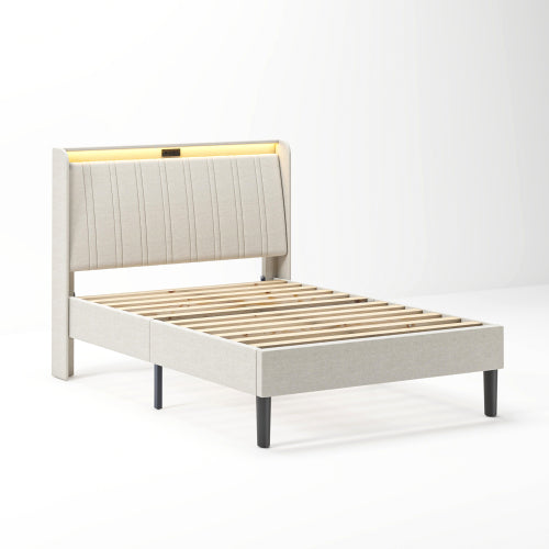 Twin Size Platform Bed Frame with Fabric Upholstered Headboard and Wooden Slats Support