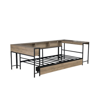 Corner Bed Frame Twin Size with Bookcase and 2 Underbed Storage Drawers, Modern Twin Bed with LED Light and Charging Station, Grey
