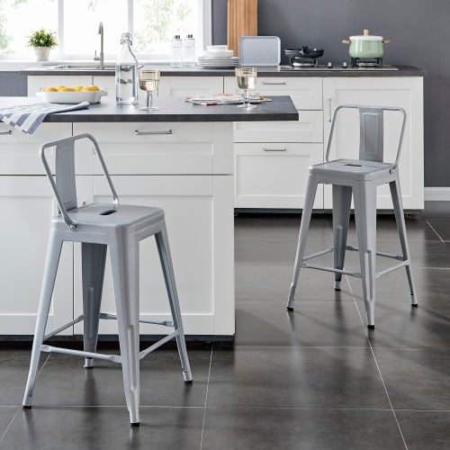 Modern Light Weight Industrial Contemporary Rustic Vintage Costal Metal Barstools with Bucket Back and 4 Leg Design, Seat Bar Stools (Set of 2) (24" Seat, Distressed White)