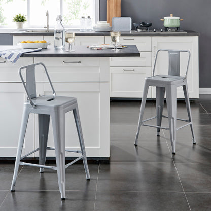 Modern Light Weight Industrial Contemporary Rustic Vintage Costal Metal Barstools with Bucket Back and 4 Leg Design, Seat Bar Stools (Set of 2) (24" Seat, Distressed White)