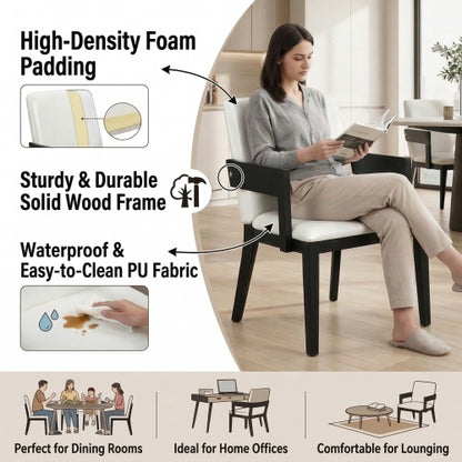 Set of 2 Modern Dining Chairs, Black Hardwood Frame with White Glossy PU Leather Upholstery