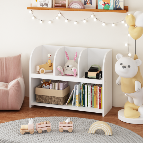 White 4-Compartment Kids Safety Bookcase, MDF Toy Storage Rack Max Load 25Lbs with Wall Buckle