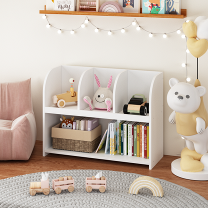 White 4-Compartment Kids Safety Bookcase, MDF Toy Storage Rack Max Load 25Lbs with Wall Buckle
