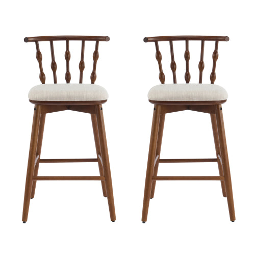 Indoor Wooden Barstool, Walnut Finish With Beige Upholstery, Set of 2