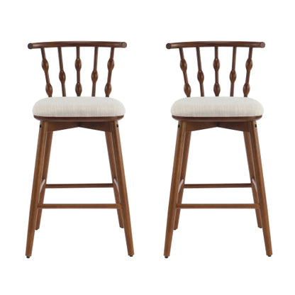 Indoor Wooden Barstool, Walnut Finish With Beige Upholstery, Set of 2