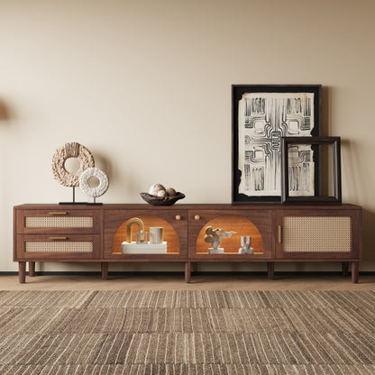 86.6 inch Dark Brown App Controlled LED Rattan TV Stand Glass Cabinets Fits Up To 90 inch TV