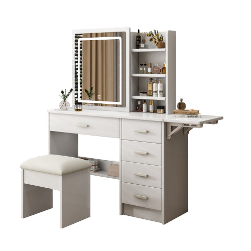 White Vanity Desk with Mirror & Lights, 5 Drawers, Open Shelves & Chair, 3 Color Adjustable LED Lighting