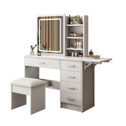 White Vanity Desk with Mirror & Lights, 5 Drawers, Open Shelves & Chair, 3 Color Adjustable LED Lighting