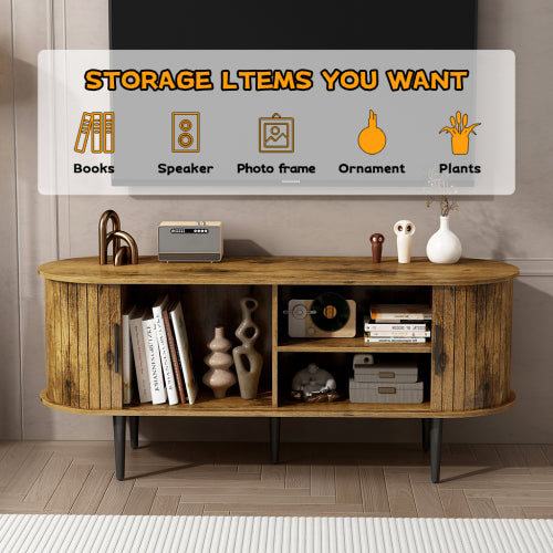 47 Inch Brown Mid-Century Fluted Sliding Door TV Console MDF Entertainment Center with Metal Legs