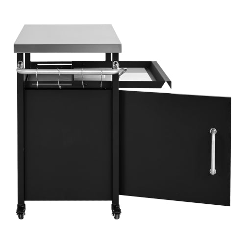 39.5 inch Outdoor Grill Cart with Storage Cabinet, Outdoor Bar Cart Pizza Oven Table with Wheels, Stainless Steel Top, Outdoor Kitchen Island with Spice & Paper Rack for BBQ, Waterproof Cover Included