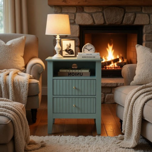 Green Fluted Nightstand with Soft-Close Drawers