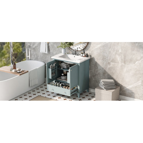 30" Bathroom Vanity with Sink Combo, Multi-functional Bathroom Cabinet with Doors and Drawer, Solid Frame and MDF Board, Green