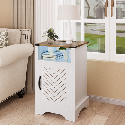LED Nightstand with Charging Station, Farmhouse Wooden Side Table with Cabinet and Shelf