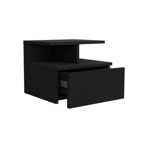 Black Wengue Floating Nightstand, Wall-Mounted Single Drawer & Top Shelf Storage Side Table