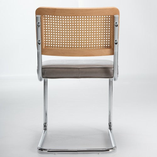 Set of 2 Mid-Century Cane Rattan Dining Chairs, Solid Wood Frame, Olive Faux Leather Seat, Cantilever Chrome Metal Base