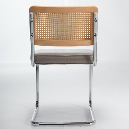 Set of 2 Mid-Century Cane Rattan Dining Chairs, Solid Wood Frame, Olive Faux Leather Seat, Cantilever Chrome Metal Base
