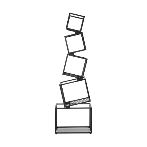 Black 5-Tier Geometric Metal Bookshelf Modern Slanted Design Space-Saving Living Room Office Storage Rack