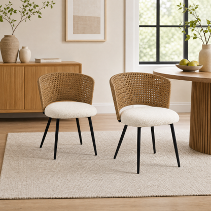 PE Rattan Dining Chairs with Teddy Cushions and Metal Legs, Set of 2, Beige/Brown