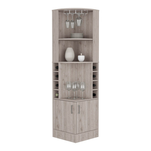 Corner bar cabinet 71 inch H, with two shelves at the top, 1 glass holder, 8 exterior bottle racks, 1 central shelf and a lower drawer with 2 side doors, light gray