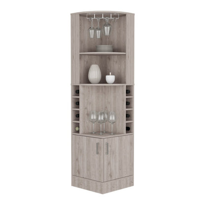 Corner bar cabinet 71 inch H, with two shelves at the top, 1 glass holder, 8 exterior bottle racks, 1 central shelf and a lower drawer with 2 side doors, light gray