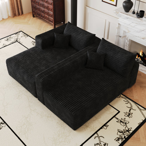 103 inch  Black Plush Corduroy L-Shape Cloud Modular Sofa, No Assembly