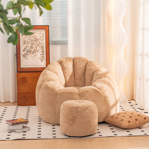Pumpkin-Shape Faux-Fur Giant Bean Bag Chair with Footrest for Adults Kids
