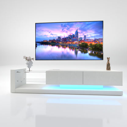 70 Inch White Modern LED TV Stand with Power Outlet Tempered Glass Entertainment Center for 75 Inch TV