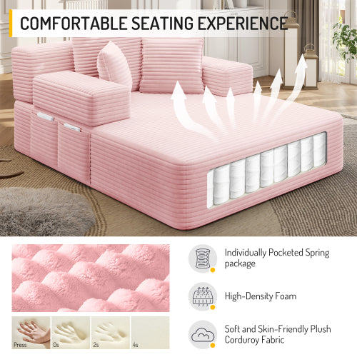 Oversized Baby Pink Corduroy Convertible Sofa Bed w/Storage Pockets