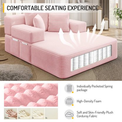 Oversized Baby Pink Corduroy Convertible Sofa Bed w/Storage Pockets