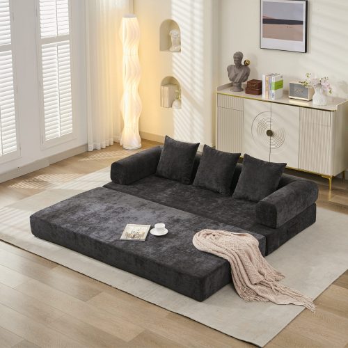 Black Chenille Convertible Folding Floor Sofa Bed with Armrest