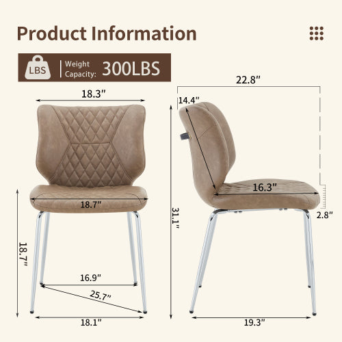 Set of 2 Khaki Crazy Horse Oil Wax Leather Dining Chairs, Electroplated Metal Leg Diamond Tuft High Back Chairs