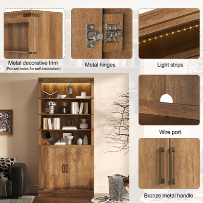83.4 Inch Tall Walnut Farmhouse Bookshelf with LED Light & Adjustable Shelves Closed Storage Cabinet