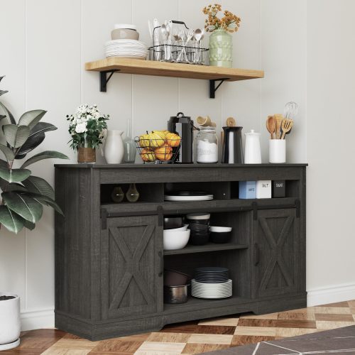 Farmhouse 58 inch TV Stand with Sliding Barn Door and Storage Cabinets