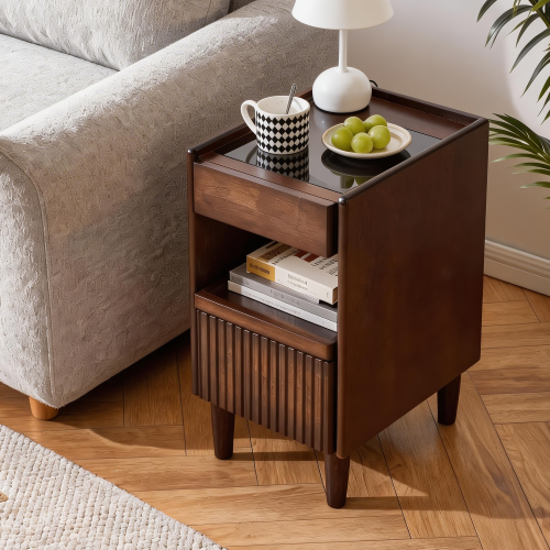 Solid Wood Nightstand with Drawer and Open Shelves, Bedside Storage Table