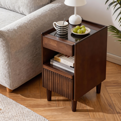 Solid Wood Nightstand with Drawer and Open Shelves, Bedside Storage Table
