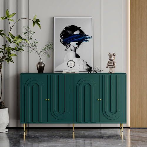 Modern Green Lacquered 4 Door Sideboard Buffet Cabinet Gold Metal Legs Adjustable Shelves