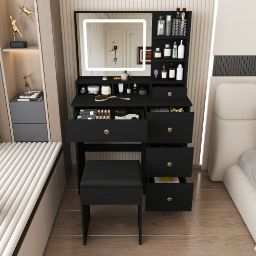 Fashion Vanity Desk w/ 3-Color Dimmable LED Mirror, 4 Silent Sliding Drawers, Open Shelf for Bedroom, Black