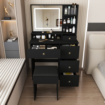 Fashion Vanity Desk w/ 3-Color Dimmable LED Mirror, 4 Silent Sliding Drawers, Open Shelf for Bedroom, Black