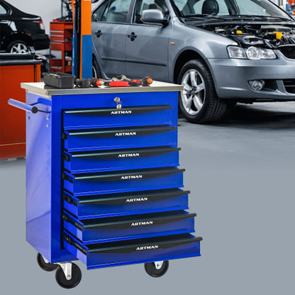7 Drawers Multifunctional Tool Cart with Wheels Metal Rolling Tool Cart Storage with Stainless Steel Roof Black Blue