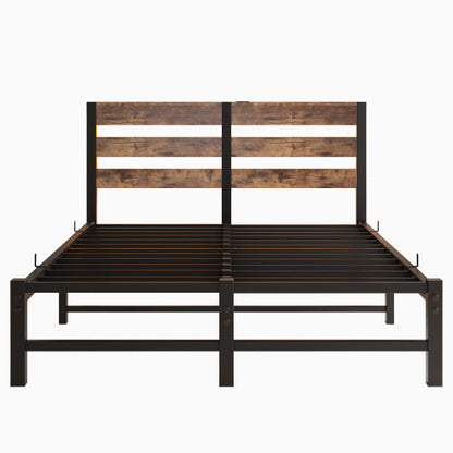 Full Size  Metal Bed Frame with Wooden Headboard, RGB Lights,  Charger, Storage Shelf, Noise-Free, No Box Spring Needed,Rustic Brown